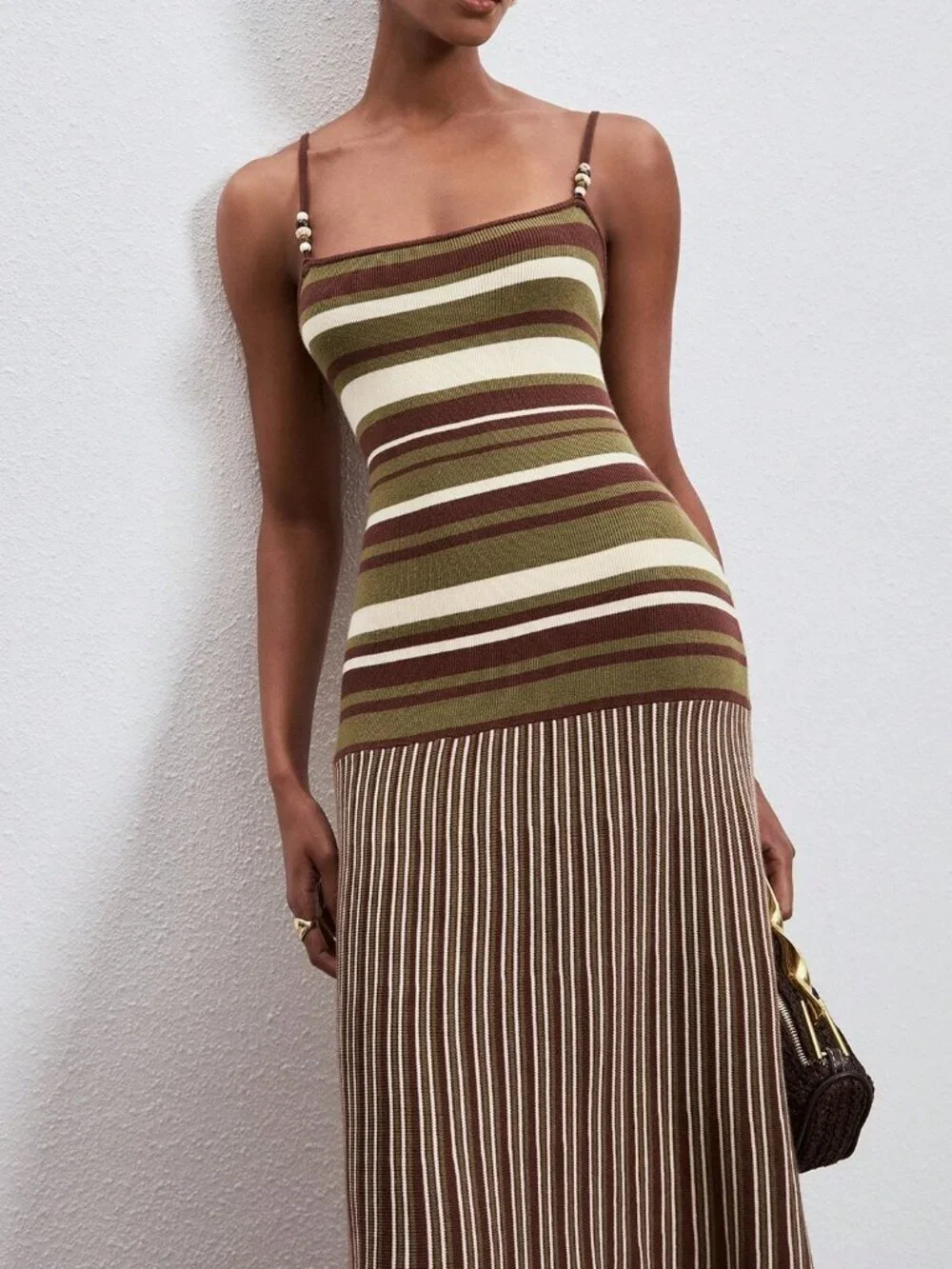 Olive Green Casual Striped Women's Camisole Dress with Beaded Shoulder Straps - Picture 2 of 6